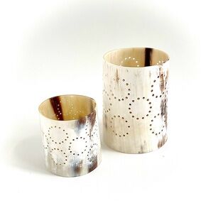 Set of 2 Handmade Polished Horn Candle Holders – Carved Cutout Tealight Votives